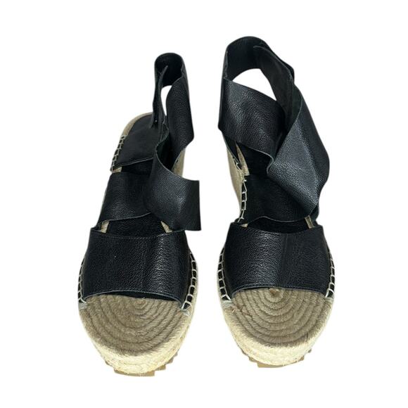 Eileen Fisher Willow Tumbled Black Grained Leather Strap Raffia Wedge Size 7.5 - Picture 6 of 10